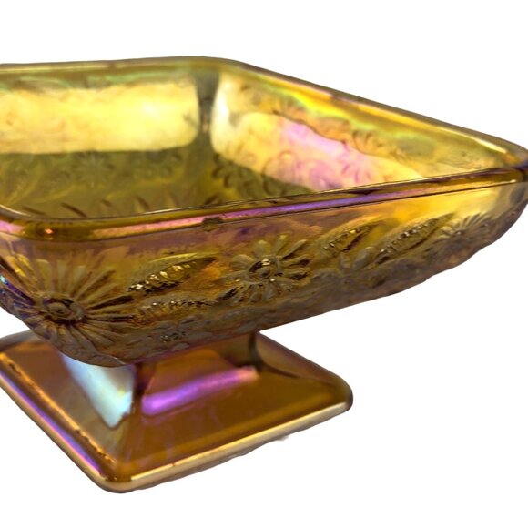 Vintage Iridescent Gold Carnival Glass Diamond Shaped Footed Candy Dish Floral - Picture 7 of 16